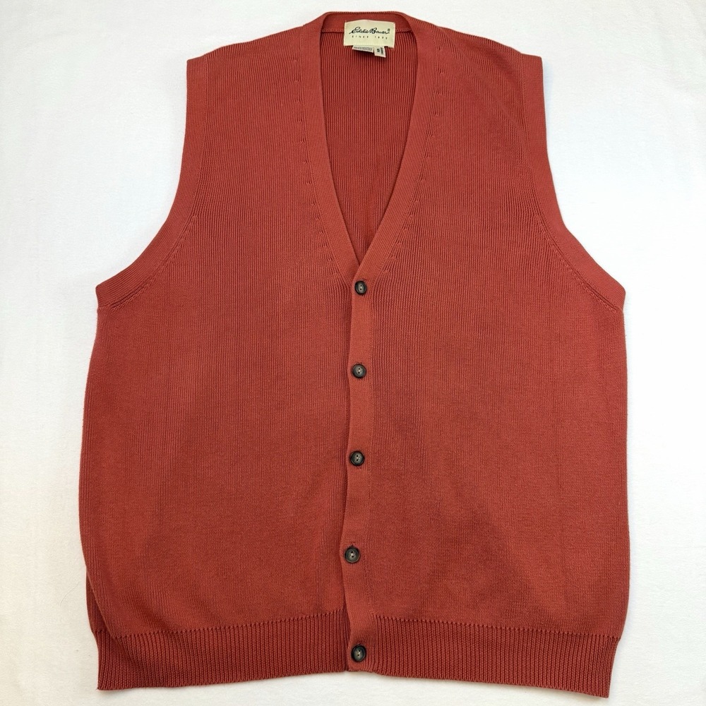 Eddie Bauer Sweater Vest Mens M Button Up Red Orange Preppy Grandpa Sweater VTG